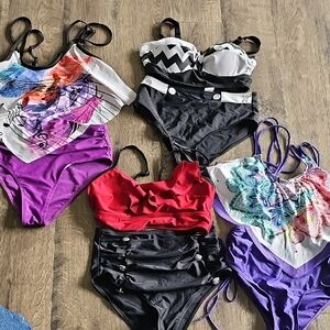 4 Sets Dressfo 2 Piece Swimsuits Bohemian Music Ruffles High Waist Summer Small